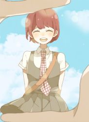 Rule 34 | 1girl, :d, ^ ^, blue sky, blurry, blurry foreground, blush, closed eyes, cloud, collared shirt, commentary request, danganronpa (series), danganronpa 2: goodbye despair, day, depth of field, freckles, happy, koizumi mahiru, mikuni (open-ranka), necktie, open mouth, outdoors, red hair, shirt, short hair, short sleeves, skirt, sky, smile, solo focus, vest, white shirt