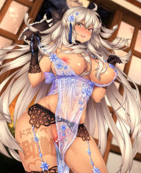 Rule 34 | 1girl, ahoge, architecture, artoria pendragon (lancer alter) (fate), artoria pendragon (lancer alter) (royal icing) (fate), ass, black bow, black gloves, black legwear, blush, body writing, bow, breasts, censored, choker, cosplay, dark-skinned female, dark skin, east asian architecture, fate/grand order, fate (series), garter belt, gloves, hair bow, half updo, hatori mia, heart, heart censor, highres, indoors, large breasts, lingerie, long hair, looking at viewer, multiple girls, official alternate costume, okita souji (fate), okita souji alter (fate), pussy juice, solo, sweat, underwear, white hair, yellow eyes