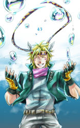 Rule 34 | 1boy, abs, bad id, bad pixiv id, battle tendency, blonde hair, bubble, caesar anthonio zeppeli, cropped jacket, facial mark, feathers, fingerless gloves, gloves, grin, headband, hydrokinesis, jacket, jojo no kimyou na bouken, kamuinii, male focus, pants, ribbon, scarf, shirt, smile, solo, studded jacket, tight clothes, water, white pants, white shirt