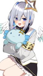Rule 34 | 1girl, :3, :d, amane kanata, amane kanata (1st costume), angel, angel wings, animal, animal hug, armband, axolotl, black skirt, blue hair, blue wings, blush, bob cut, commentary, feathered wings, frilled skirt, frills, from side, furrowed brow, gradient wings, halo, highres, holding, holding animal, hololive, long sleeves, looking at viewer, looking to the side, mini wings, multicolored hair, multicolored wings, open mouth, pink hair, punikasu, purple eyes, sailor collar, school uniform, shirt, short hair, sidelocks, simple background, skirt, smile, solo, squatting, star halo, streaked hair, translated, virtual youtuber, white background, white hair, white sailor collar, white shirt, white wings, wings, yellow armband