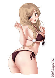 Rule 34 | 1girl, ass, bad anatomy, bikini, blush, braid, breasts, brown bikini, brown eyes, butt crack, ebifurya, highres, kantai collection, large breasts, light brown hair, long hair, looking at viewer, minegumo (kancolle), open mouth, simple background, solo, swimsuit, twin braids, twintails, twitter username, white background