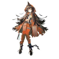 Rule 34 | 1girl, arknights, black footwear, brown hair, chain, feathers, jacket, kafka (arknights), long hair, looking at viewer, material growth, norizc, official art, orange eyes, orange pants, oripathy lesion (arknights), pants, prison clothes, shirt, smile, solo, teeth, transparent background, white shirt