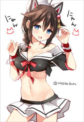 Rule 34 | 1girl, :d, ahoge, alternate costume, animal ears, azur lane, blue eyes, braid, breasts, brown hair, cleavage, collarbone, commentary request, cosplay, fake animal ears, hair flaps, hair ornament, hair ribbon, historical name connection, ikura nagisa, kantai collection, long hair, looking at viewer, medium breasts, name connection, navel, open mouth, pleated skirt, ribbon, school uniform, serafuku, shigure (azur lane), shigure (azur lane) (cosplay), shigure (kancolle), simple background, single braid, sketch, skirt, smile, solo, twitter username, white background, wrist cuffs