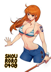 Rule 34 | 1girl, arm tattoo, bikini, breasts, cleavage, cropped legs, highres, holding, holding polearm, holding weapon, jewelry, large breasts, log pose, long hair, looking at viewer, nami (one piece), navel, one piece, orange eyes, orange hair, polearm, shouroro, simple background, smile, solo, swimsuit, tattoo, weapon, white background