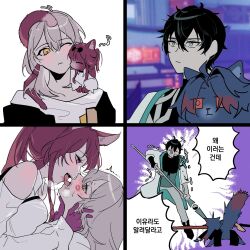 Rule 34 | 2boys, 2girls, animal ears, animalization, black hair, blush, braid, breath, cat ears, character request, closed mouth, commentary, d0600059994959, french braid, gloves, grey hair, hand on another&#039;s neck, hashtag-only commentary, highres, holding, holding polearm, holding weapon, honkai: star rail, honkai (series), kafka (honkai: star rail), korean text, lipstick mark, long hair, long sleeves, looking at another, meme, multiple boys, multiple girls, open mouth, polearm, ponytail, purple eyes, purple gloves, purple hair, saliva, saliva trail, shirt, speech bubble, stelle (honkai: star rail), sweat, tongue, tongue out, trailblazer (honkai: star rail), translation request, weapon, white shirt, yellow eyes, yuri