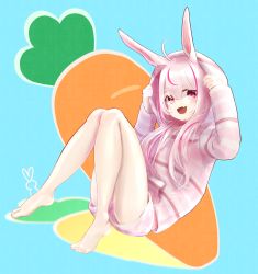 Rule 34 | 1girl, absurdres, ahoge, animal ears, barefoot, blue background, carrot, fang, feet, full body, highres, hood, knees up, leaning back, legs, long hair, open mouth, pink eyes, pink hair, pink shirt, pink shorts, rabbit ears, sakuma (saku0ma), shirt, shorts, simple background, sitting, smile, solo, striped clothes, striped shirt, striped shorts, thighs, toes, tomari mari, tomari mari channel, virtual youtuber