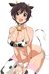 Rule 34 | 10s, 1girl, animal ears, animal print, bad id, bad twitter id, bell, between thighs, bikini, black hair, blush, breasts, brown eyes, cleavage, collarbone, cow ears, cow girl, cow horns, cow print, cow tail, cowbell, horns, idolmaster, idolmaster cinderella girls, large breasts, loliconder, oikawa shizuku, open mouth, short hair, side-tie bikini bottom, simple background, smile, solo, swimsuit, tail, thighhighs, white background, wristband