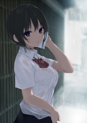 Rule 34 | 1girl, aoyama sumika, arm up, black eyes, black hair, black skirt, blurry, bow, bowtie, breasts, closed mouth, coffee-kizoku, collared shirt, commentary request, day, depth of field, dress shirt, from side, highres, holding, looking at viewer, looking to the side, medium breasts, original, outdoors, rain, red bow, red bowtie, school uniform, see-through, shirt, short hair, skirt, smile, solo, upper body, wing collar