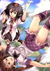 Rule 34 | 2girls, bad id, bad pixiv id, black hair, brown hair, checkered clothes, checkered skirt, female focus, hat, himekaidou hatate, long hair, multiple girls, pointy ears, purple eyes, red eyes, shameimaru aya, short hair, skirt, tokin hat, touhou, twintails, yude