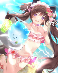 Rule 34 | 1girl, absurdres, animal ears, beach, bikini, blue archive, blush, bow, bracelet, brown hair, cameltoe, cat ears, choker, collarbone, commentary request, cup, flower, flower on head, frilled bikini, frills, hair flower, hair ornament, hairband, heart, hibiscus, highres, holding, holding tray, hurukab050, jewelry, long hair, looking at viewer, maid headdress, navel, open mouth, pink choker, platform footwear, purple eyes, red flower, sandals, shizuko (blue archive), shizuko (swimsuit) (blue archive), slippers, smile, solo, stomach, swimsuit, thigh gap, tray, twintails, very long hair, water, white flower