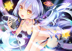 Rule 34 | 1girl, :d, ass, bad id, bad pixiv id, bikini, blue bikini, blush, breasts, bridal garter, cleavage, frilled bikini, frills, heart, heart-shaped pupils, highres, jewelry, long hair, looking at viewer, low twintails, microphone, microphone stand, mvv, necklace, open mouth, orange eyes, silver hair, smile, solo, star (symbol), swimsuit, symbol-shaped pupils, twintails, very long hair, vocaloid, xingchen