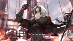 Rule 34 | 1girl, absurdres, arm up, armor, armored dress, artist name, bagus casbon, banner, black dress, breasts, dress, english text, fate/grand order, fate (series), french text, fur trim, gauntlets, grin, highres, holding, holding sword, holding weapon, jeanne d&#039;arc (fate), jeanne d&#039;arc alter (avenger) (fate), jeanne d&#039;arc alter (fate), large breasts, outdoors, ranguage, short hair, silver hair, smile, solo, standing, sword, title, upper body, weapon, yellow eyes