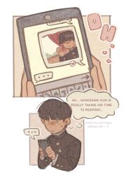 Rule 34 | 1boy, black hair, cellphone, closed mouth, comic, commentary, english commentary, english text, gakuran, holding, holding phone, kageyama shigeo, long sleeves, male focus, mob psycho 100, mp100days, phone, school uniform, selfie, short hair, simple background, solo, text messaging, thought bubble, upper body, white background
