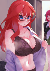 Rule 34 | :o, ahoge, amog, black bra, black panties, blue eyes, blush, bra, breasts, cleavage, commentary, covering own mouth, glasses, go-toubun no hanayome, hair ornament, highres, indoors, lace, lace-trimmed bra, lace trim, large breasts, linea alba, looking away, looking down, multiple girls, nakano itsuki, navel, open clothes, open shirt, panties, parted lips, pink hair, red-framed eyewear, red hair, shirt, siblings, sisters, solo focus, star (symbol), star hair ornament, steaming body, stomach, surprised, sweat, twins, underwear, undressing, white shirt