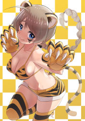 Rule 34 | 1girl, 2022, absurdres, ahoge, animal ears, animal hands, animal print, bikini, blonde hair, blue eyes, blush, braid, braided ponytail, breasts, chinese zodiac, cleavage, closed mouth, gloves, hasegawa (hase popopo), highres, large breasts, long hair, looking at viewer, lynette bishop, navel, paw gloves, ponytail, shorts, smile, solo, strike witches, striped bikini, striped clothes, striped thighhighs, swimsuit, tail, thighhighs, tiger ears, tiger print, tiger stripes, tiger tail, world witches series, year of the tiger