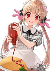 Rule 34 | 1girl, :q, absurdres, alternate costume, apron, black ribbon, blonde hair, blush, bottle, collared dress, commentary request, cup, dress, enmaided, fingernails, food, frilled apron, frills, grey dress, hair ornament, hat, highres, holding, holding bottle, ketchup, long hair, looking at viewer, low twintails, maid, maid apron, maid headdress, nail polish, natori sana, nurse cap, omaru (0marufestival), omelet, omurice, plaid, plaid dress, puffy short sleeves, puffy sleeves, rabbit hair ornament, red eyes, red nails, ribbon, sana channel, short sleeves, simple background, solo, tongue, tongue out, twintails, virtual youtuber, white background