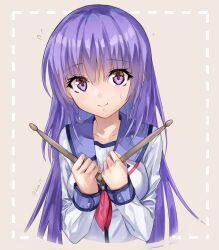 Rule 34 | 1girl, angel beats!, blue sailor collar, blush, breasts, closed mouth, commentary request, drumsticks, eyelashes, eyes visible through hair, flying sweatdrops, hair between eyes, hands up, highres, holding, holding drumsticks, irie miyuki, light brown background, long hair, long sleeves, looking at viewer, medium breasts, neckerchief, pink neckerchief, purple eyes, purple hair, sailor collar, shinda sekai sensen uniform, shirt, sidelocks, simple background, smile, solo, straight-on, twitter username, upper body, very long hair, white shirt, zuzuhashi