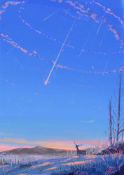 Rule 34 | animal, bare tree, blue sky, cloud, commentary request, day, deer, grass, highres, mountain, niko p, no humans, one-hour drawing challenge, outdoors, scenery, shooting star, signature, sky, snow, tree