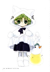 Rule 34 | 1girl, ankle boots, black skirt, boots, cloak, dejiko, di gi charat, full body, fur trim, gema, green eyes, green hair, highres, holding, hood, hooded cloak, koge donbo, long sleeves, looking at viewer, matching hair/eyes, pantyhose, pom pom (clothes), simple background, skirt, solo, standing, white background, white theme