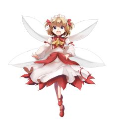 Rule 34 | 1girl, absurdres, arm ribbon, ascot, blonde hair, blue eyes, clear echoes, dress, fairy wings, fang, full body, highres, juliet sleeves, layered dress, long sleeves, looking at viewer, maid headdress, mary janes, open mouth, puffy sleeves, red dress, ribbon, shoes, smile, solo, sunny milk, touhou, transparent background, two side up, white dress, wings