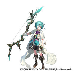 Rule 34 | 1boy, ahoge, ascot, blue hair, boots, bow (weapon), brown eyes, brown footwear, brown shorts, closed mouth, coat, fantasy earth genesis, full body, gaou (umaiyo puyoman), holding, holding bow (weapon), holding weapon, long sleeves, looking at viewer, male focus, official art, open clothes, open coat, puffy shorts, purple ascot, shorts, simple background, solo, watermark, weapon, white background, white coat