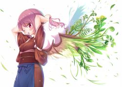 Rule 34 | 1girl, adjusting clothes, animal ears, apron, arinu, bird ears, bird wings, blue apron, blush, closed mouth, feathered wings, hair between eyes, japanese clothes, long sleeves, medium hair, mouth hold, mystia lorelei, one eye closed, pink eyes, pink hair, plant, simple background, smile, solo, touhou, upper body, white background, wide sleeves, wings