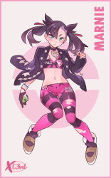 Rule 34 | 1girl, artist name, black hair, black jacket, character name, choker, creatures (company), crop top, dusk ball, full body, game freak, gloves, gluteal fold, green eyes, gym challenge uniform, highres, jacket, leather, leather jacket, light blush, looking at viewer, marnie (pokemon), midriff, navel, nintendo, pants, poke ball, poke ball symbol, pokemon, pokemon swsh, single glove, solo, striped clothes, striped pants, thigh gap, twintails, x-t3al