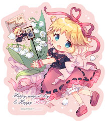 Rule 34 | 1girl, :d, ^ ^, amo (shibu3), bad id, bad pixiv id, black shirt, blonde hair, bloomers, blue eyes, blush, bouquet, bow, chibi, closed eyes, doll, english text, flower, french text, full body, hair ribbon, heart, heart ribbon, holding, holding bouquet, lily of the valley, looking at viewer, medicine melancholy, open mouth, pink background, puffy short sleeves, puffy sleeves, red footwear, red ribbon, red skirt, reiwa, ribbon, ribbon-trimmed bloomers, ribbon-trimmed skirt, ribbon-trimmed sleeves, ribbon trim, shirt, shoes, short hair, short sleeves, simple background, skirt, smile, star (symbol), su-san, touhou, twitter username, underwear, wrist cuffs