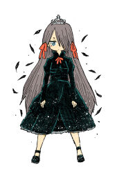 Rule 34 | 1girl, black dress, black feathers, black footwear, blue dress, blue eyes, blue footwear, bow, brown hair, closed mouth, commentary request, dress, feathers, full body, hair bow, hair over one eye, juliet sleeves, long hair, long sleeves, looking at viewer, original, puffy sleeves, red bow, shoes, simple background, sleeves past wrists, solo, standing, tiara, very long hair, white background, yukimoto shuuji (gurigura)