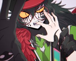 Rule 34 | 1boy, biting, black nails, chain, chain necklace, colored sclera, colored tongue, commentary request, feathers, finger biting, fingernails, green hair, green jacket, hair between eyes, half-closed eye, hat, highres, holding another&#039;s wrist, jacket, jewelry, long hair, looking at viewer, male focus, master detective archives: rain code, mufksin, mystery phantom, necklace, open mouth, pale skin, pov, pov hands, purple tongue, pushing away, sharp fingernails, slit pupils, spoilers, teeth, upper body, yellow sclera, zilch alexander