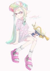 Rule 34 | 1girl, baseball cap, braid, braided sidelock, closed mouth, commentary, commission, full body, gradient hair, green hair, gun, hat, highres, hiking sandals, holding, holding gun, holding weapon, inkling, inkling girl, inkling player character, invisible chair, long hair, multicolored clothes, multicolored hair, multicolored hat, nintendo, pink eyes, pink footwear, pointy ears, pppmepl, print shirt, sandals, shirt, simple background, single braid, sitting, socks, solo, splatoon (series), splatoon 3, splattershot (splatoon), symbol-only commentary, tentacle hair, thank you, thick eyebrows, very long hair, weapon, white background, white socks
