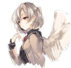Rule 34 | 1girl, blush, closed mouth, expressionless, from side, half-closed eyes, half updo, hisona (suaritesumi), jacket, kishin sagume, long sleeves, looking away, open clothes, open jacket, red eyes, short hair, silver hair, simple background, single wing, solo, touhou, upper body, white background, white wings, wings