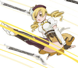 Rule 34 | 1girl, blonde hair, convenient censoring, drill hair, fingerless gloves, gloves, hat, kinfuji, looking at viewer, mahou shoujo madoka magica, open mouth, skirt, solo, tomoe mami, yellow eyes, yellow skirt