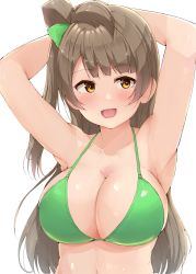 Rule 34 | 1girl, armpits, arms behind head, arms up, bare shoulders, bikini, blunt bangs, blush, breasts, cleavage, collarbone, dot nose, green bikini, highres, large breasts, long hair, love live!, love live! school idol project, minami kotori, open mouth, shinonon (iso shino), shiny skin, simple background, skindentation, smile, solo, string bikini, swimsuit, tongue, upper body, white background, yellow eyes