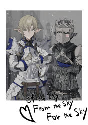 Rule 34 | 1boy, 1other, ^ ^, armor, blurry, blurry background, breastplate, brown hair, chainmail, chihuri, closed eyes, depth of field, english text, facing viewer, final fantasy, final fantasy xiv, flying sweatdrops, fray myste, gauntlets, green eyes, hair between eyes, heart hands failure, helm, helmet, highres, looking at viewer, pauldrons, pointy ears, shoulder armor, snowing, zephirin de valhourdin