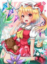 Rule 34 | 1girl, :d, ascot, blonde hair, blush, fang, flandre scarlet, flower, hat, heart, highres, long hair, looking at viewer, open mouth, rabbit, red eyes, red skirt, renka (cloudsaikou), side ponytail, sitting, skirt, smile, solo, stuffed animal, stuffed toy, teddy bear, touhou, wariza, wings