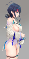 Rule 34 | 1girl, bare shoulders, black hair, blue eyes, blue ribbon, blush, breasts, clothes lift, dress, dress lift, duzimura, fate/grand order, fate/requiem, fate (series), fundoshi, grey background, highres, japanese clothes, jewelry, large breasts, long sleeves, looking to the side, magatama, magatama hair ornament, medium hair, multicolored hair, necklace, pelvic curtain, pink hair, profile, puffy long sleeves, puffy sleeves, ribbon, seigaiha, short dress, sideboob, sideless outfit, streaked hair, thighs, utsumi erice, white dress
