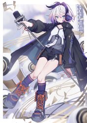 Rule 34 | 1girl, absurdres, black coat, black shorts, blue eyes, boots, cevio, ci flower, coat, collarbone, commentary, cross-laced footwear, flower (vocaloid), full body, grey shirt, headphones, highres, holding, holding microphone stand, knees together feet apart, lace-up boots, light frown, looking at viewer, microphone, microphone stand, miwasiba, multicolored hair, outstretched arm, projected inset, purple footwear, purple hair, purple socks, shirt, short hair, shorts, socks, solo, speaker, spotlight, streaked hair, truss, tsurime, vocaloid, white hair, white shirt