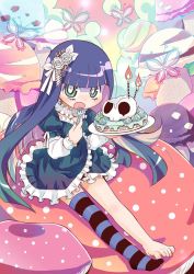 Rule 34 | 10s, 1girl, amimi, barefoot, bug, butterfly, cake, candle, colored inner hair, dessert, dress, eating, feet, flower, food, frills, green eyes, hair flower, hair ornament, insect, multicolored hair, no shoes, open mouth, panty &amp; stocking with garterbelt, single thighhigh, skull, solo, stocking (psg), striped clothes, striped thighhighs, thighhighs, two-tone hair