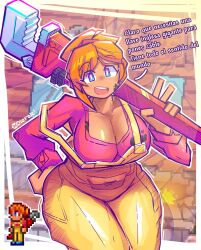 Rule 34 | 1girl, :d, absurdres, artist logo, artist name, blue eyes, breasts, bright pupils, closed mouth, dierelc, dot mouth, female focus, happy, highres, large breasts, looking at viewer, mechanic (terraria), medium hair, open mouth, orange hair, overalls, pixel art, ponytail, red shirt, shirt, smile, solo, spanish text, terraria, thick thighs, thighs, wrench, yellow overalls