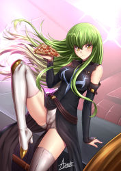 Rule 34 | 1girl, adsouto, arm support, black sleeves, blush, boots, c.c., code geass, detached sleeves, eating, floating hair, food, green hair, hair between eyes, high heel boots, high heels, highres, holding, holding food, long hair, long sleeves, looking at viewer, order of the black knights uniform, pizza, short shorts, shorts, signature, sitting, solo, straight hair, thigh boots, thighhighs, very long hair, white footwear, white shorts, yellow eyes