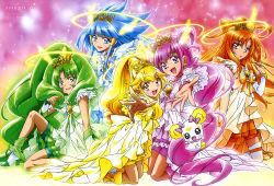 Rule 34 | 10s, 5girls, :d, absurdres, alternate hairstyle, animage, aoki reika, blonde hair, blue eyes, blue hair, blunt bangs, boots, bow, bow-shaped hair, brooch, candy (smile precure!), crown, cure beauty, cure beauty (princess form), cure happy, cure happy (princess form), cure march, cure march (princess form), cure peace, cure peace (princess form), cure sunny, cure sunny (princess form), detached sleeves, dress, earrings, floating hair, foreshortening, frills, full body, green eyes, green hair, green shorts, green skirt, hair between eyes, hair flaps, hair tubes, halo, head tilt, head wings, high heel boots, high heels, highres, hino akane (smile precure!), hoshizora miyuki, huge filesize, jewelry, kawamura toshie, kise yayoi, kneeling, knees, legs, long hair, matching hair/eyes, midorikawa nao, multiple girls, non-web source, official art, open mouth, orange dress, orange hair, orange shorts, orange skirt, pink bow, pink eyes, pink hair, pink skirt, ponytail, precure, princess form (smile precure!), reaching, red eyes, ribbon, scan, shiny skin, shorts, shorts under skirt, skirt, smile, smile precure!, sparkle, thighhighs, tiara, very long hair, white legwear, wings, wrist cuffs, yellow bow, yellow eyes, yellow shorts, yellow skirt, zettai ryouiki