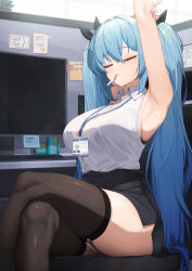 1girl absurdres armpits arms_up bare_arms bare_shoulders black_skirt blue_hair bra_visible_through_clothes breasts brown_thighhighs button_gap closed_eyes collared_shirt commission crossed_legs daydream_(zhdkffk21) dungeon_and_fighter expressionless facing_viewer garter_straps highres id_card lanyard large_breasts long_hair miniskirt mouth_hold office_lady original pencil_skirt shirt shirt_tucked_in sitting skirt sleeveless sleeveless_shirt solo stretching thighhighs thighs twintails very_long_hair white_shirt