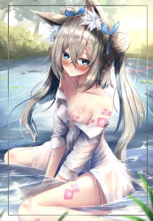 Rule 34 | 1girl, absurdres, animal ears, blonde hair, blue eyes, blush, bow hairband, braid, breasts, chikirea, forest, fox ears, hair ornament, hairband, highres, huge filesize, lake, long hair, looking at viewer, moe2021, nature, open clothes, open mouth, open shirt, original, seiza, shirt, sitting, sitting on water, small breasts, solo, tail, tree, white shirt