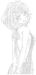 Rule 34 | (- -) (b1u49i5nsk), 1girl, aran sweater, arms behind back, ascii art, back, backless outfit, bare arms, bare back, bare shoulders, bob cut, breasts, cable knit, drawstring, from behind, greyscale, looking at viewer, medium hair, meme attire, monochrome, naked sweater, off-shoulder shirt, off shoulder, open mouth, original, ribbed sweater, shirt, sideboob, simple background, small breasts, smile, solo, sweater, translated, upper body, virgin killer sweater, white background