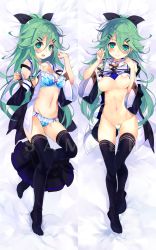 Rule 34 | 1girl, :d, aqua eyes, aqua hair, areola slip, bad id, bad pixiv id, bare shoulders, bed sheet, between legs, black skirt, black thighhighs, blue bra, blue panties, blush, bottomless, bra, breasts, breasts out, censored, choker, cleavage, closed mouth, clothes pull, collarbone, dakimakura (medium), detached sleeves, from above, full body, gluteal fold, groin, hair between eyes, hair ornament, hairclip, heart, heart censor, highres, kantai collection, lace, lace-trimmed bra, lace trim, lingerie, lips, long hair, long sleeves, looking at viewer, lying, medium breasts, miniskirt, multiple views, navel, no shoes, on back, open clothes, open mouth, panties, ponytail, sample watermark, shiny clothes, shirokitsune, skirt, skirt pull, sleeping, smile, stomach, thighhighs, underwear, very long hair, watermark, white choker, wide sleeves, yamakaze (kancolle)