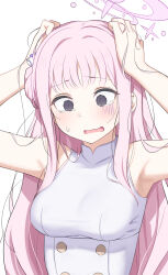 Rule 34 | 1girl, @ @, armpits, blue archive, blush, breasts, csham, dress, hair bun, halo, highres, large breasts, long hair, mika (blue archive), open mouth, pink hair, pink halo, simple background, single side bun, sleeveless, sleeveless dress, solo, tears, upper body, white background, white dress