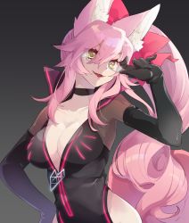 Rule 34 | 1girl, akibotann, animal ear fluff, animal ears, black bodysuit, blush, bodysuit, bow, breasts, center opening, choker, cleavage, fate/grand order, fate (series), fox ears, fox girl, fox tail, glasses, hair between eyes, hair bow, highres, hip vent, koyanskaya (assassin) (first ascension) (fate), koyanskaya (fate), large breasts, long hair, looking at viewer, open mouth, pink bow, pink hair, ponytail, sidelocks, smile, solo, tail, tamamo (fate), yellow eyes