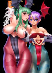 Rule 34 | 2girls, :d, abs, animal print, areola slip, arm behind back, arm behind head, arm up, armpits, bad id, bad pixiv id, bare shoulders, bat (animal), bat print, bat wings, black background, black gloves, blue eyes, blue legwear, blush, breasts, breasts apart, bridal gauntlets, cameltoe, capcom, center opening, cleft of venus, clothing cutout, collarbone, cosine, covered erect nipples, cowboy shot, demon girl, demon wings, elbow gloves, feathers, fingerless gloves, finished, flat chest, fur trim, gloves, green hair, green legwear, hair between eyes, head wings, heart, heart cutout, heart hands, highleg, highleg leotard, highres, hip focus, huge breasts, jewelry, large breasts, leotard, light smile, lilith aensland, lipgloss, lips, lipstick, long hair, looking at viewer, makeup, morrigan aensland, multiple girls, narrow waist, naughty face, navel, nipple slip, nipples, open mouth, orange gloves, pantyhose, pink legwear, print legwear, purple hair, red eyes, red legwear, red leotard, ring, sagging breasts, shiny clothes, shiny skin, short hair, siblings, sidelocks, simple background, sisters, skin tight, smile, standing, thick thighs, thigh gap, thighs, vampire (game), waist cutout, wide hips, wings