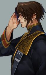 Rule 34 | 1boy, belt buckle, black shirt, blue eyes, brown hair, buckle, earrings, final fantasy, final fantasy viii, from side, gold trim, grey background, hand up, high collar, highres, jewelry, long sleeves, male focus, military uniform, nini tw99, salute, scar, scar on face, scar on forehead, seed uniform (ff8), shirt, short hair, simple background, sleeve cuffs, solo, squall leonhart, standing, stud earrings, uniform